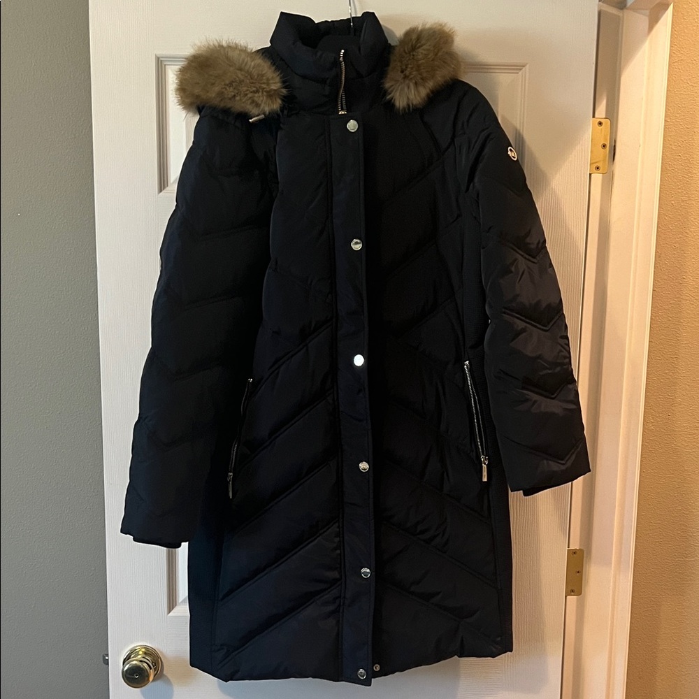 Michael Kors Navy Blue Puffer Jacket with Fur Hood